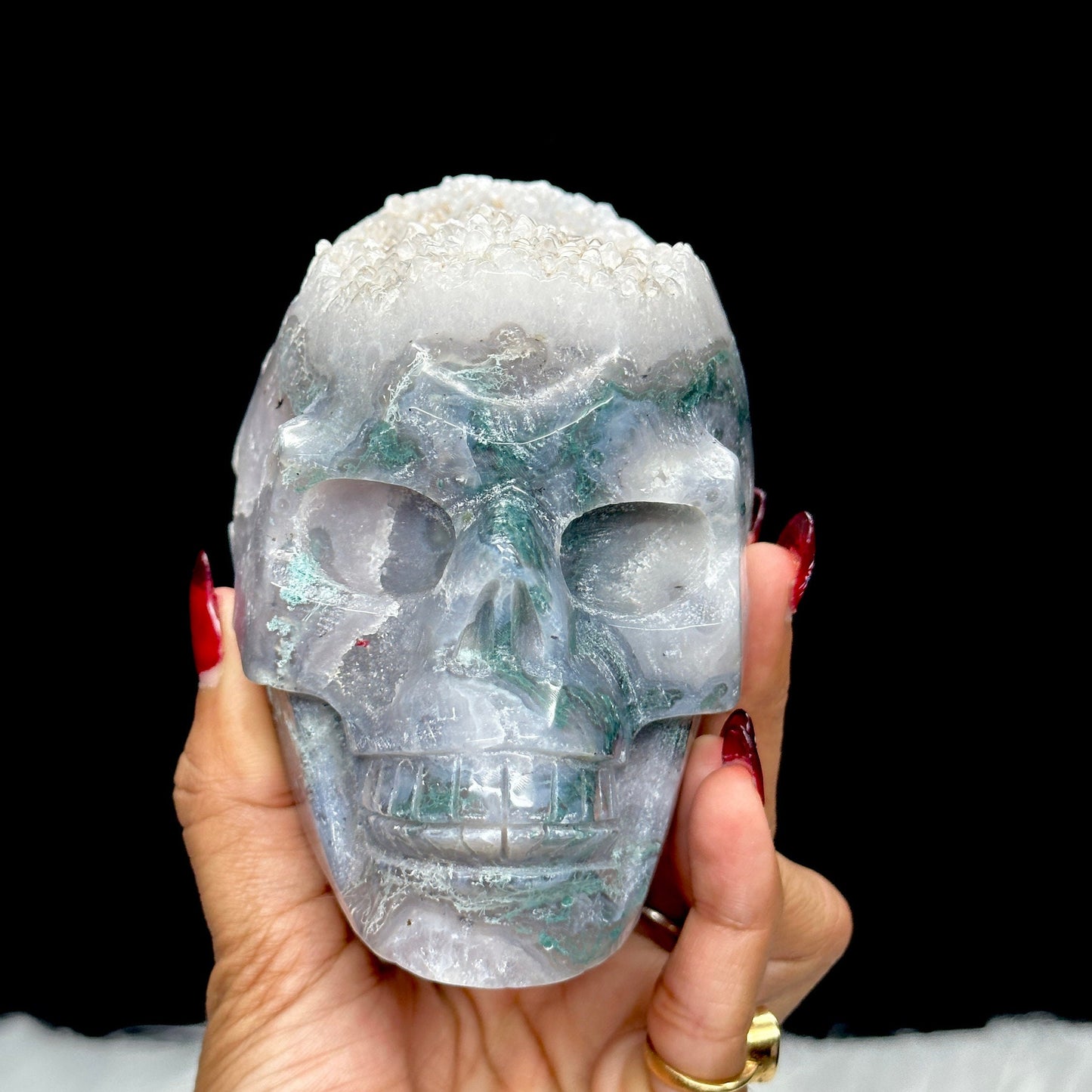 Sparkly Large Moss Agate Crystal Skull, Druzy Moss Agate Skull, Moss Agate Carved Crystal Skull, Super Realistic