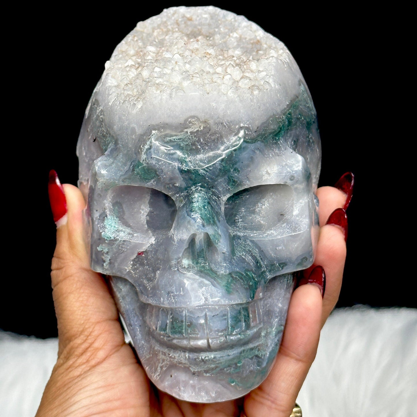 Sparkly Large Moss Agate Crystal Skull, Druzy Moss Agate Skull, Moss Agate Carved Crystal Skull, Super Realistic