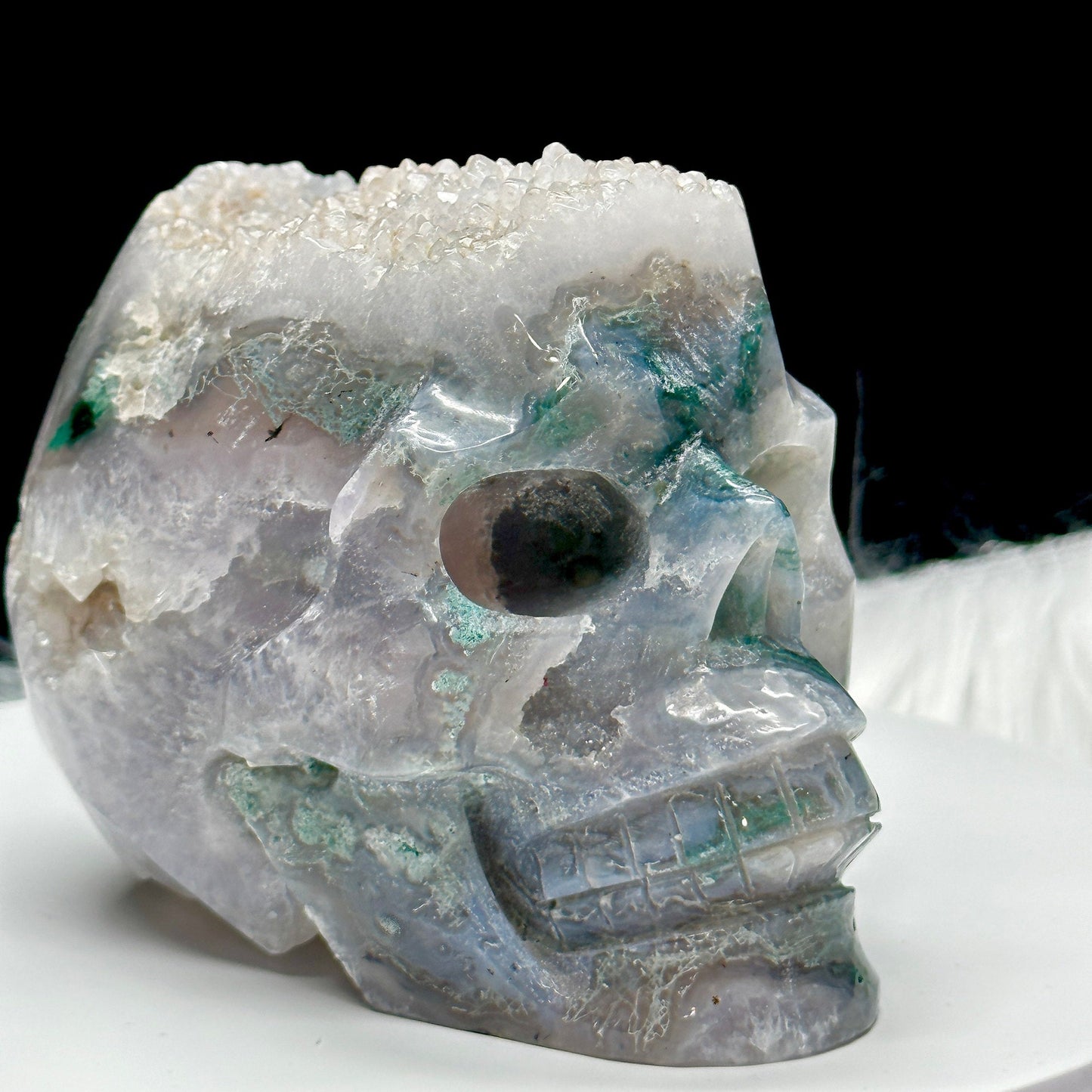 Sparkly Large Moss Agate Crystal Skull, Druzy Moss Agate Skull, Moss Agate Carved Crystal Skull, Super Realistic