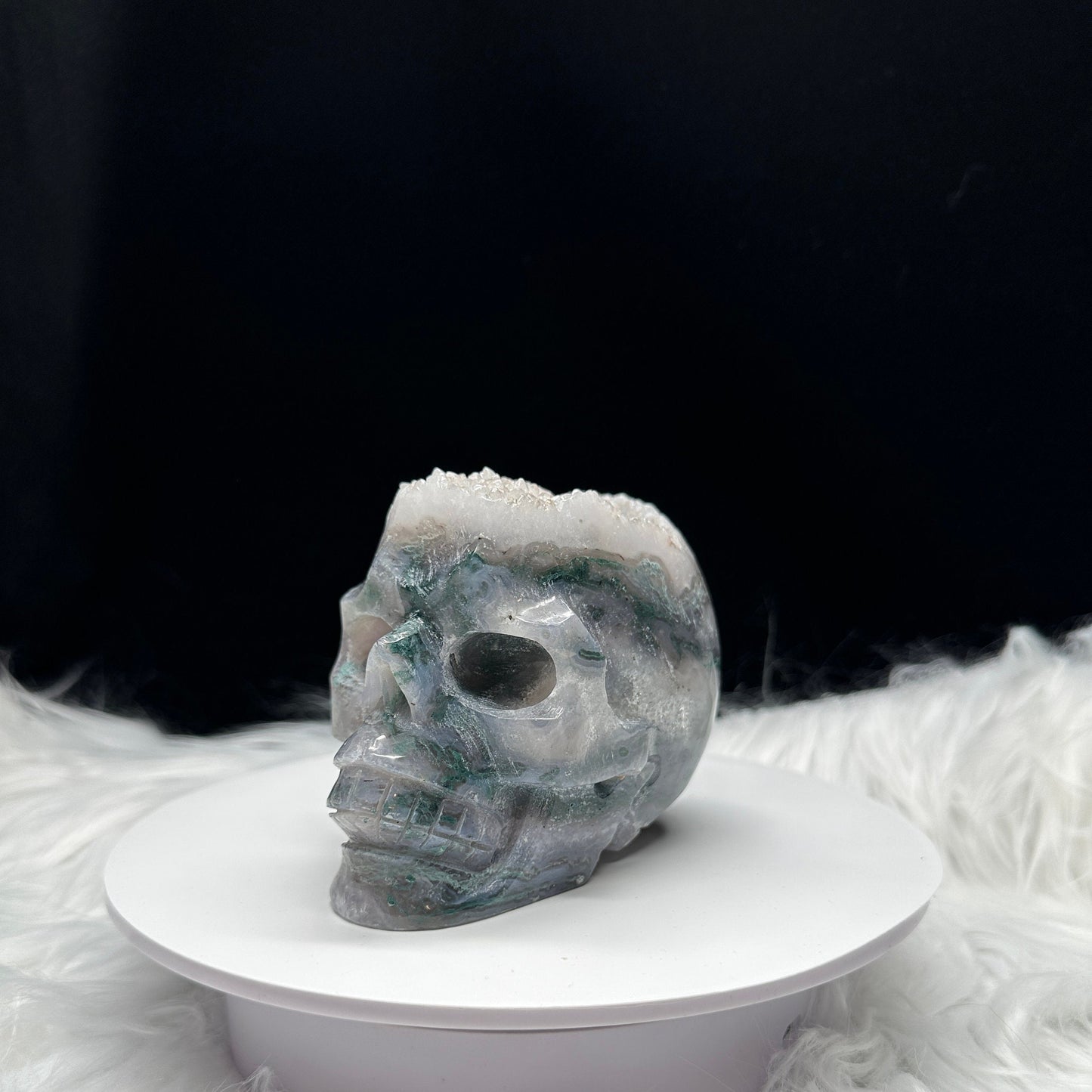 Sparkly Large Moss Agate Crystal Skull, Druzy Moss Agate Skull, Moss Agate Carved Crystal Skull, Super Realistic