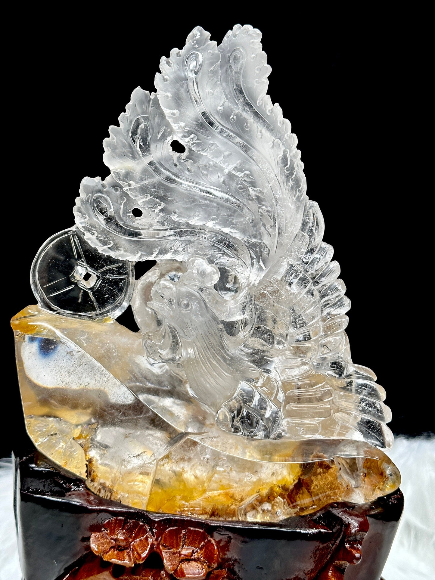 Museum grade clear quartz with golden healer Phoenix Carving, hand carved, home decor, good luck charm, fengshui