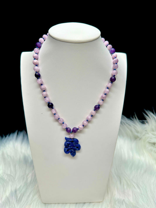 Exquisite lepidolite and kunzite necklace / mala with lapis lazuli snake pendant |crystal jewelry- Mother's Day/Valentine's Day gift