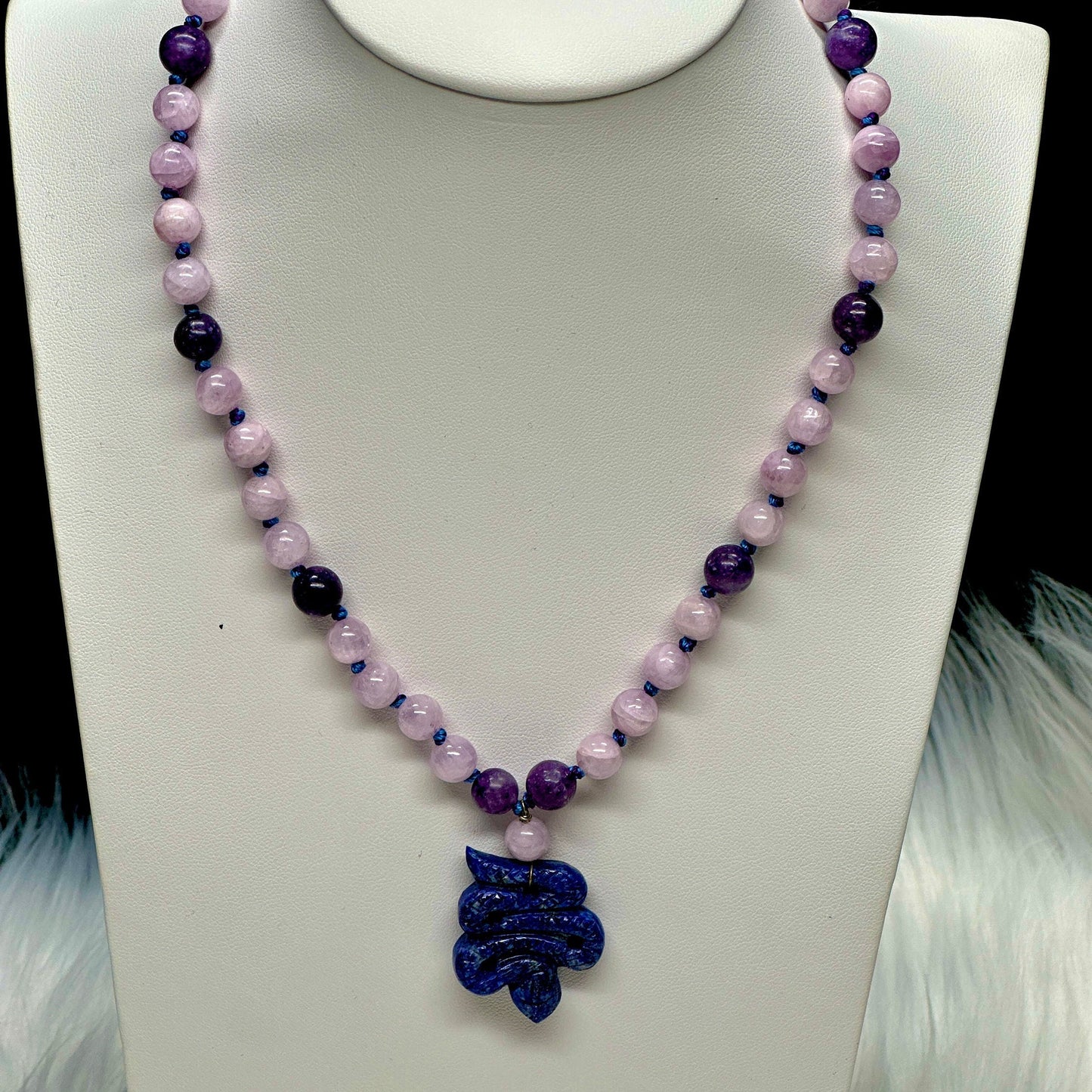 Exquisite lepidolite and kunzite necklace / mala with lapis lazuli snake pendant |crystal jewelry- Mother's Day/Valentine's Day gift