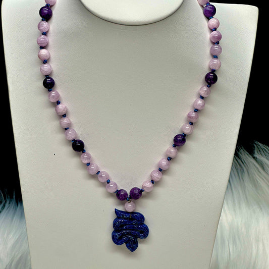 Exquisite lepidolite and kunzite necklace / mala with lapis lazuli snake pendant |crystal jewelry- Mother's Day/Valentine's Day gift