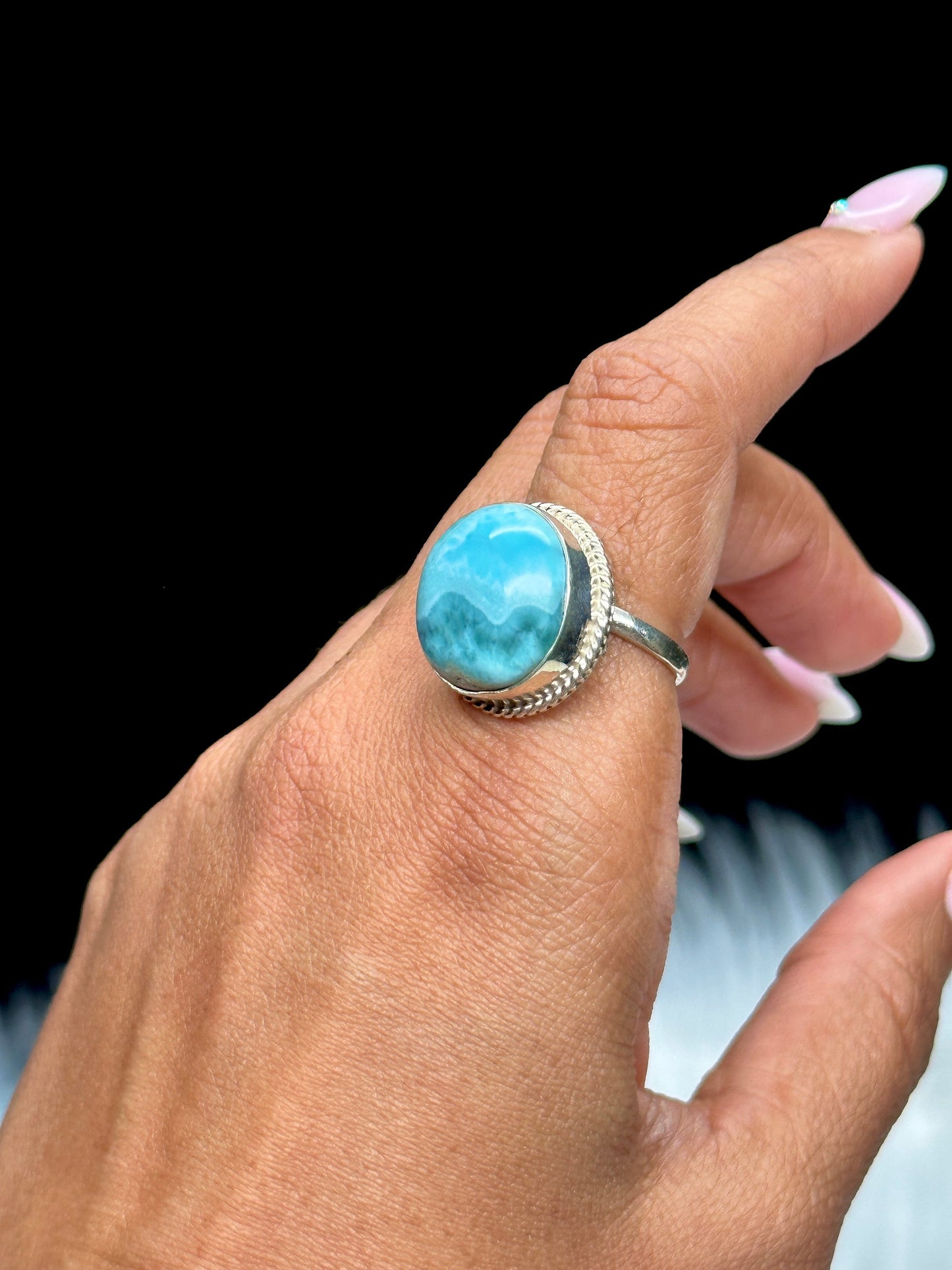 Grade AAA Round Larimar Ring In Silver, Adjustable ring