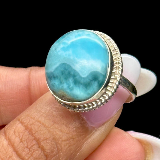 Grade AAA Round Larimar Ring In Silver, Adjustable ring