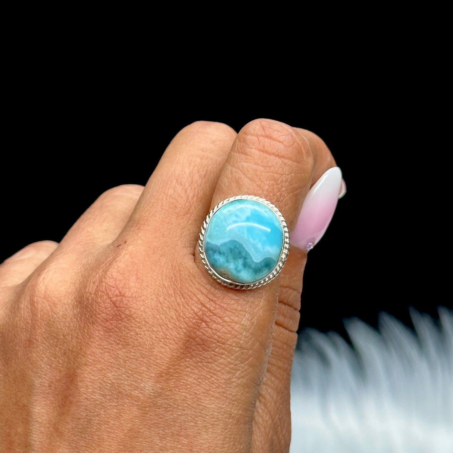 Grade AAA Round Larimar Ring In Silver, Adjustable ring