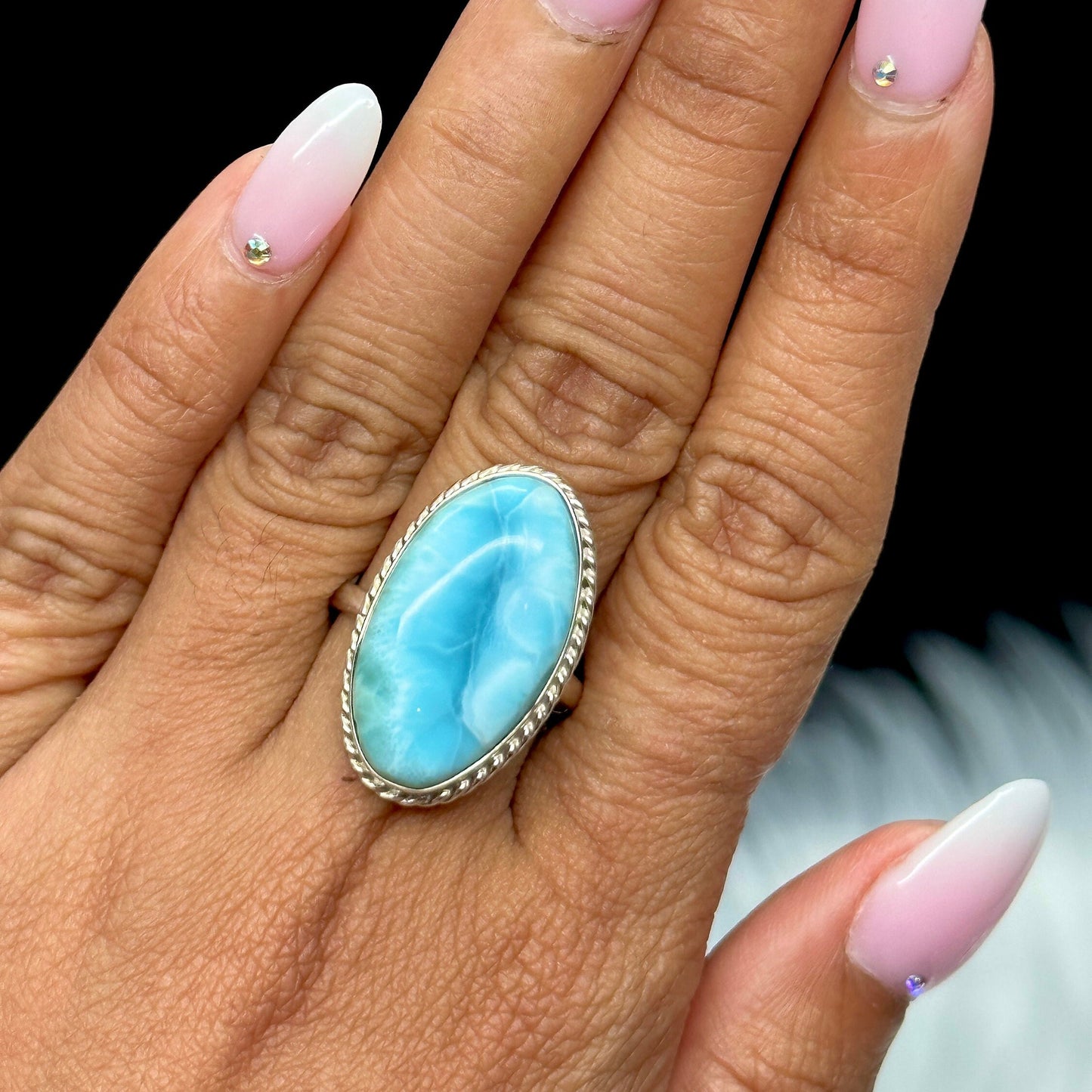 Beautiful Blue Larimar Ring Handmade Oval Cabochon 925 Sterling Silver Adjustable Sizes