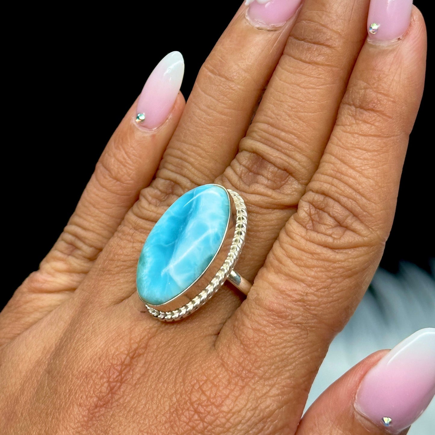 Beautiful Blue Larimar Ring Handmade Oval Cabochon 925 Sterling Silver Adjustable Sizes