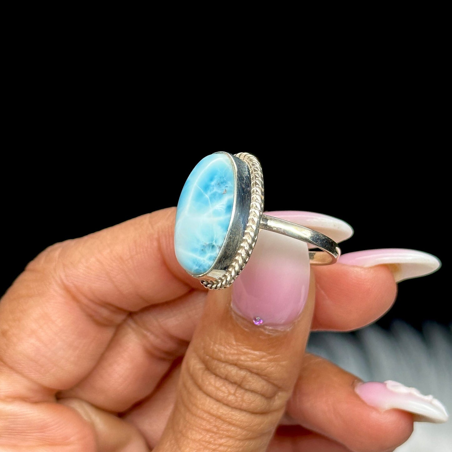 Beautiful Natural Blue Larimar Ring Handmade with oval shaped Cabochon 925 Sterling Silver Adjustable Sizes