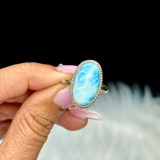 Beautiful Natural Blue Larimar Ring Handmade with oval shaped Cabochon 925 Sterling Silver Adjustable Sizes