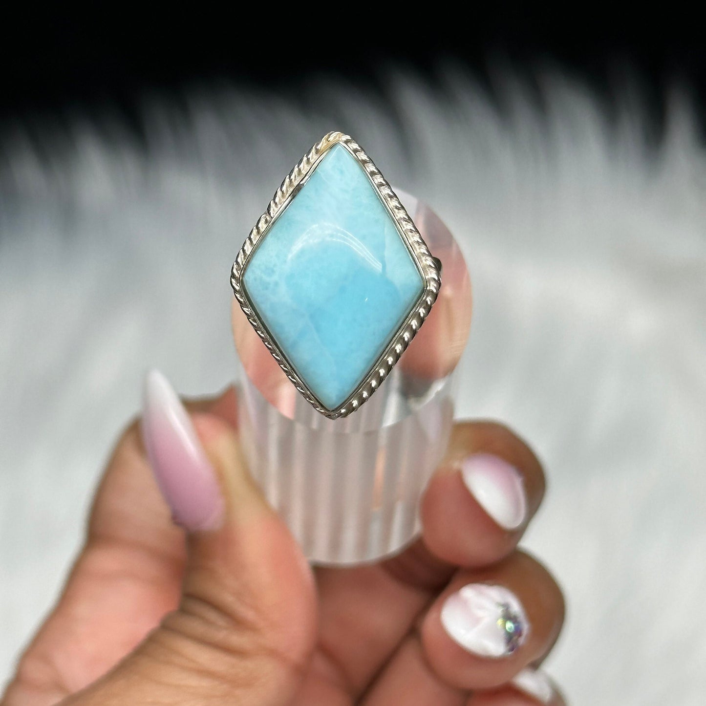 Top Grade Larimar Ring in Sterling Silver, hand made jewelry, Larimar Crystal Jewelry, Diamond shaped Larimar Ring