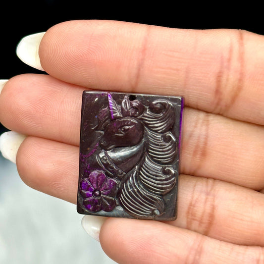 Natural AAA Sugilite Pendant - Carved Gemstone Pendant | Vintage Pendant | Designer's Gemstone | Sugilite Unicorn &Flower Pendant