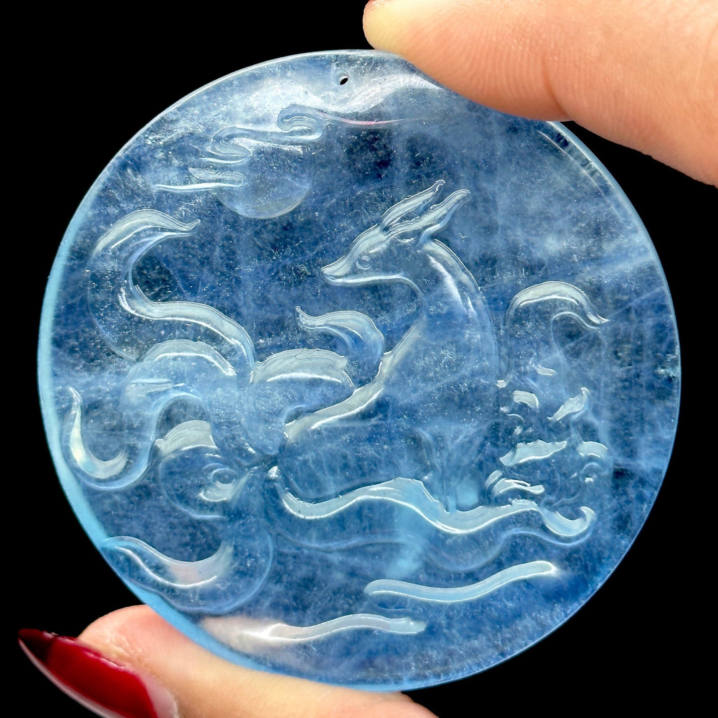 Gem Natural Aquamarine Nine Tail Fox Carving, Aquamarine Nine Tailed Fox Carved Pendant