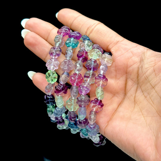 Natural Flower Carved Fluorite Bracelet, Carved Fluorite crystal Bracelets, Fluorite flower bracelets