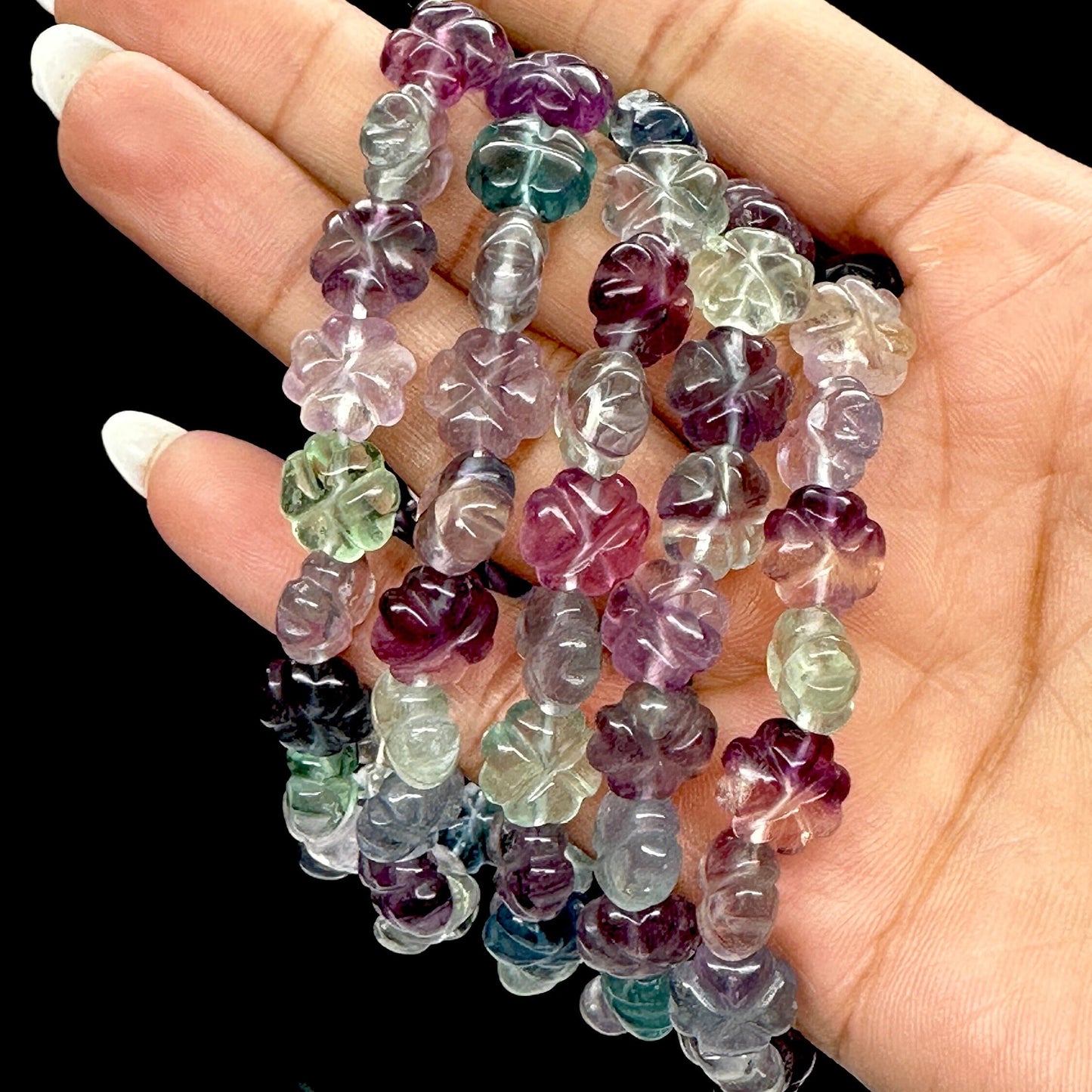 Natural Flower Carved Fluorite Bracelet, Carved Fluorite crystal Bracelets, Fluorite flower bracelets