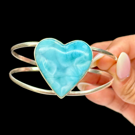 Heart Shaped Larimar Bracelet In 925 Sterling Silver, High Grade Larimar Crystal Bracelet , Adjustable size