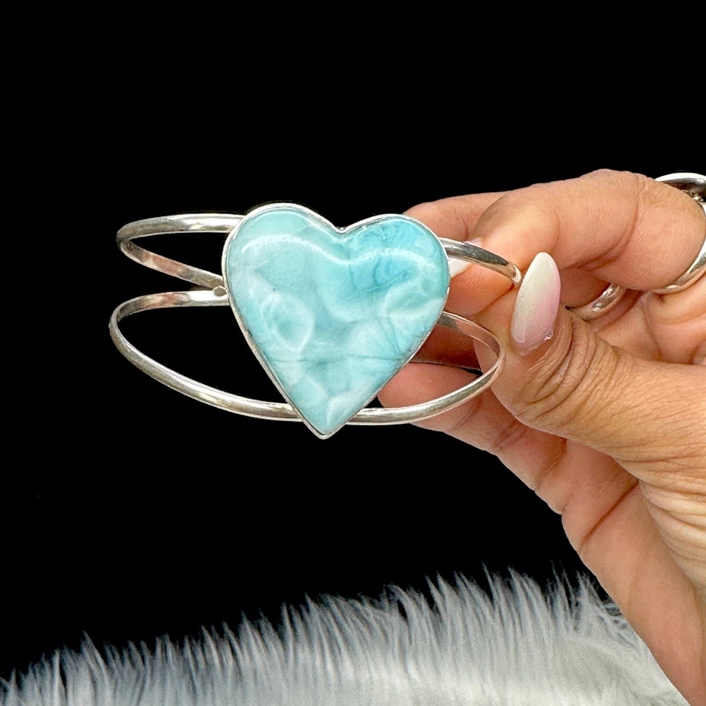 Heart Shaped Larimar Bracelet In 925 Sterling Silver, High Grade Larimar Crystal Bracelet , Adjustable size