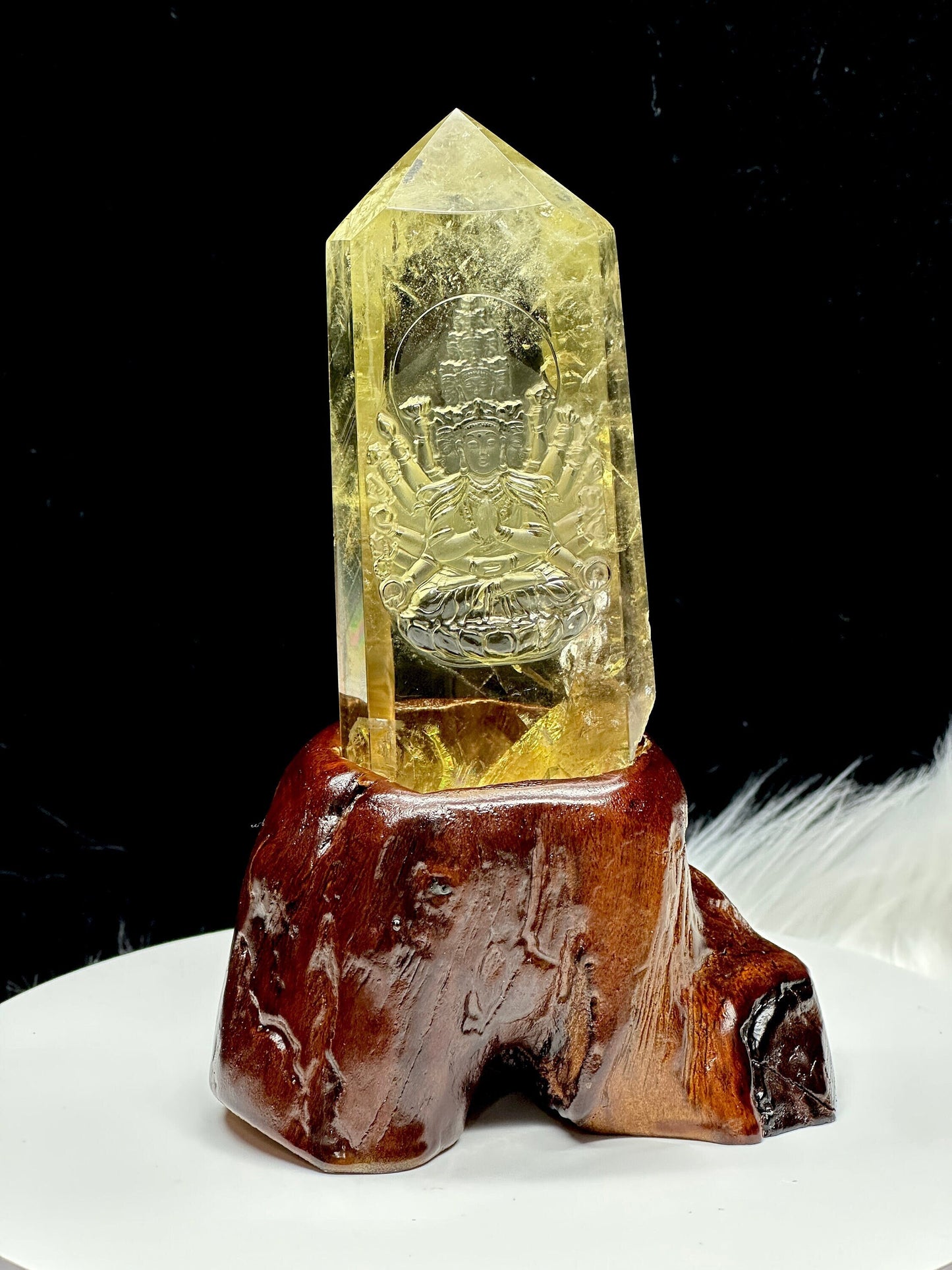 Hand-carved natural Citrine crystal The Thousand Hands Bodhisattva Carving, Guan yin Carving, Buddha Statue