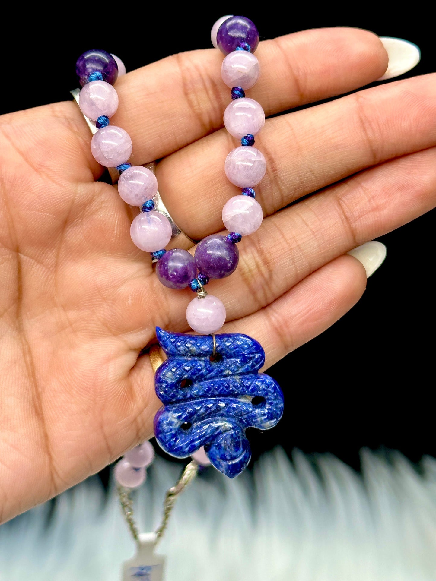 Exquisite lepidolite and kunzite necklace / mala with lapis lazuli snake pendant |crystal jewelry- Mother's Day/Valentine's Day gift