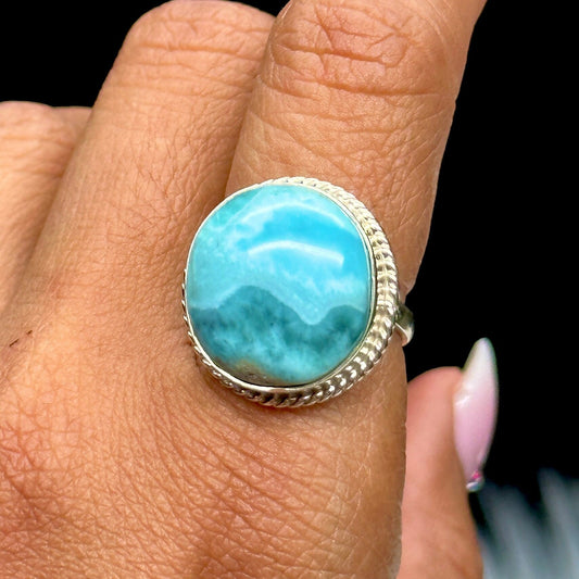 Grade AAA Round Larimar Ring In Silver, Adjustable ring