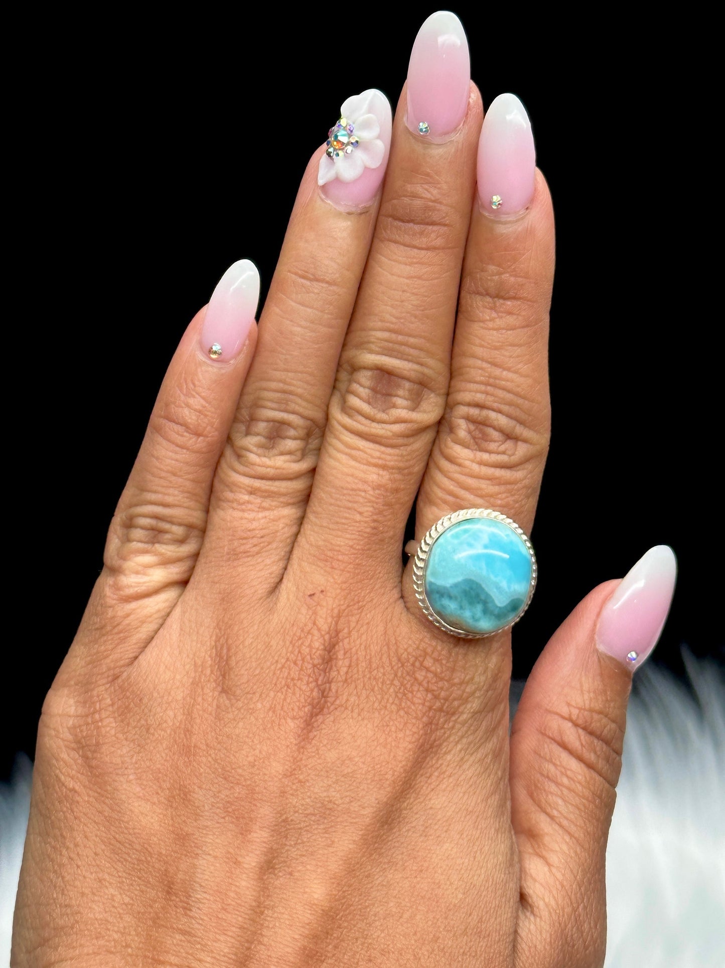 Grade AAA Round Larimar Ring In Silver, Adjustable ring