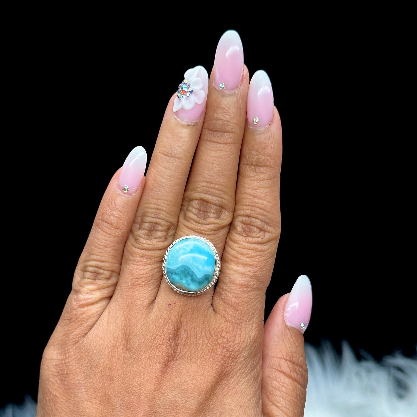 Grade AAA Round Larimar Ring In Silver, Adjustable ring