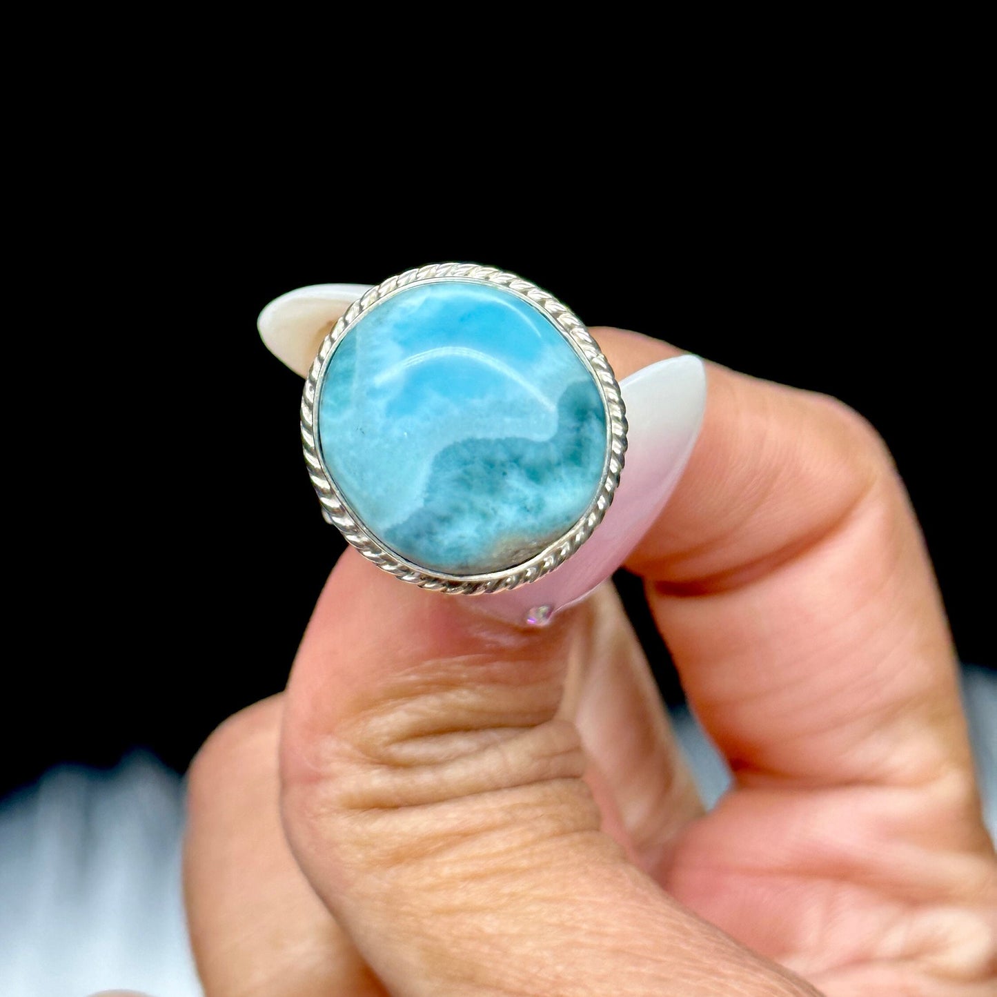 Grade AAA Round Larimar Ring In Silver, Adjustable ring