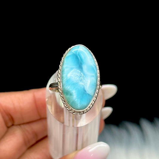 Beautiful Blue Larimar Ring Handmade Oval Cabochon 925 Sterling Silver Adjustable Sizes