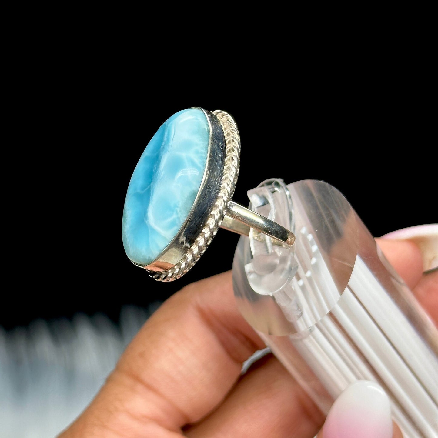 Beautiful Blue Larimar Ring Handmade Oval Cabochon 925 Sterling Silver Adjustable Sizes