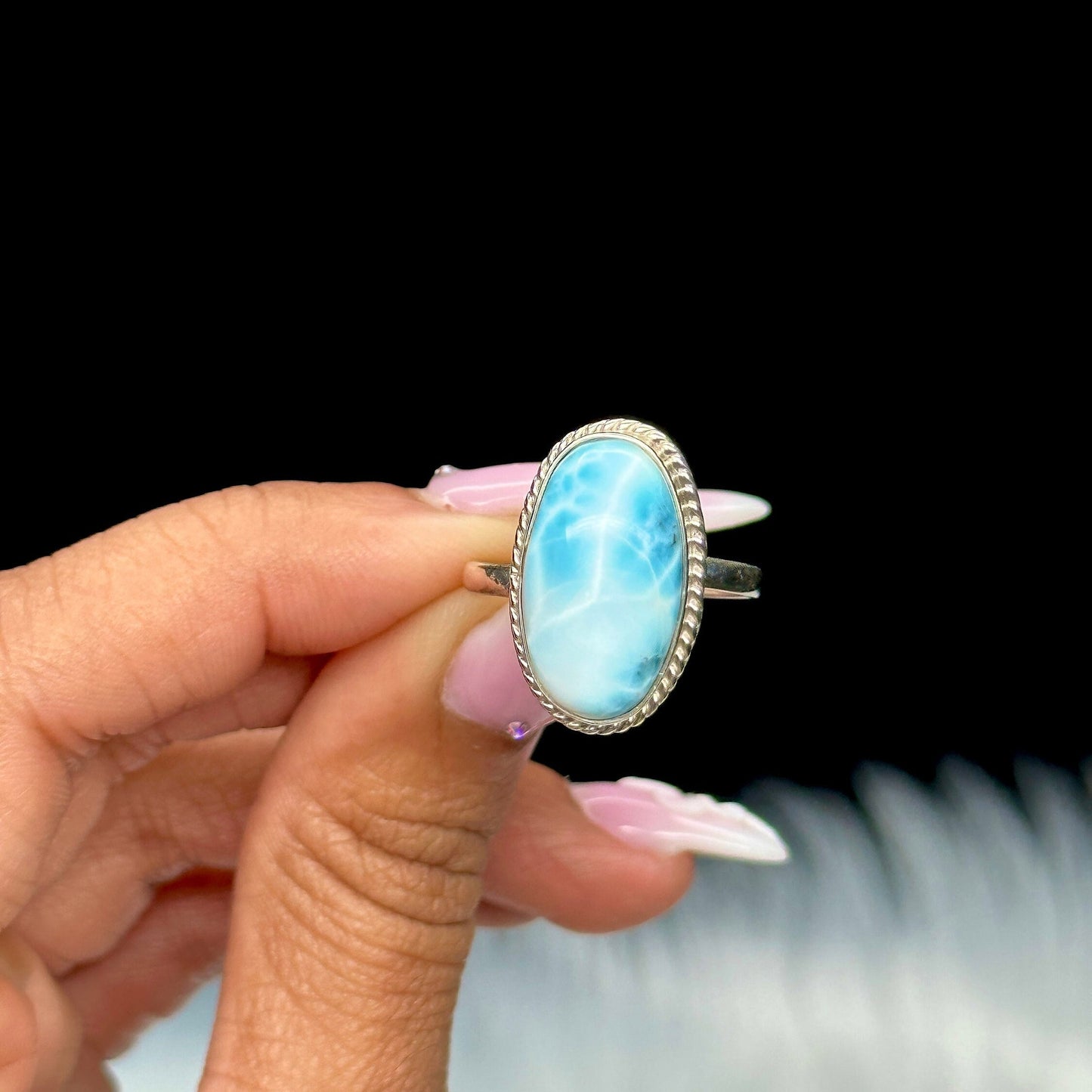 Beautiful Natural Blue Larimar Ring Handmade with oval shaped Cabochon 925 Sterling Silver Adjustable Sizes