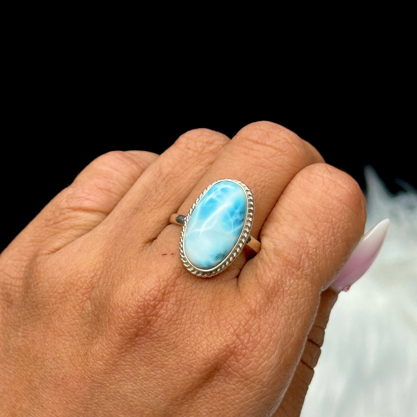 Beautiful Natural Blue Larimar Ring Handmade with oval shaped Cabochon 925 Sterling Silver Adjustable Sizes