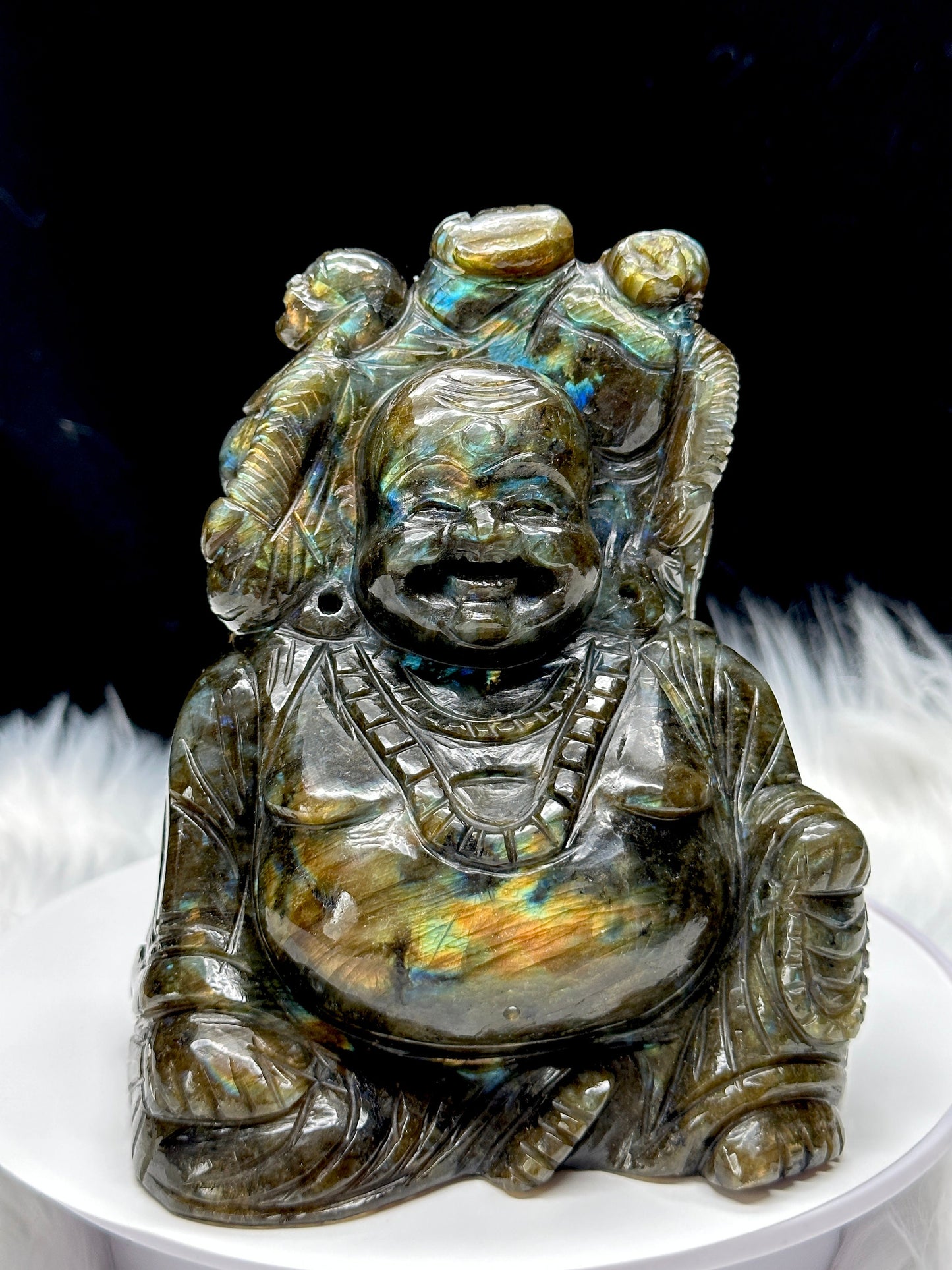 Labradorite Laughing Buddha - handmade carving of serene and smiling Buddha or Hotei - crystal/reiki/healing - 12 inch & 3 kg (6 lb)