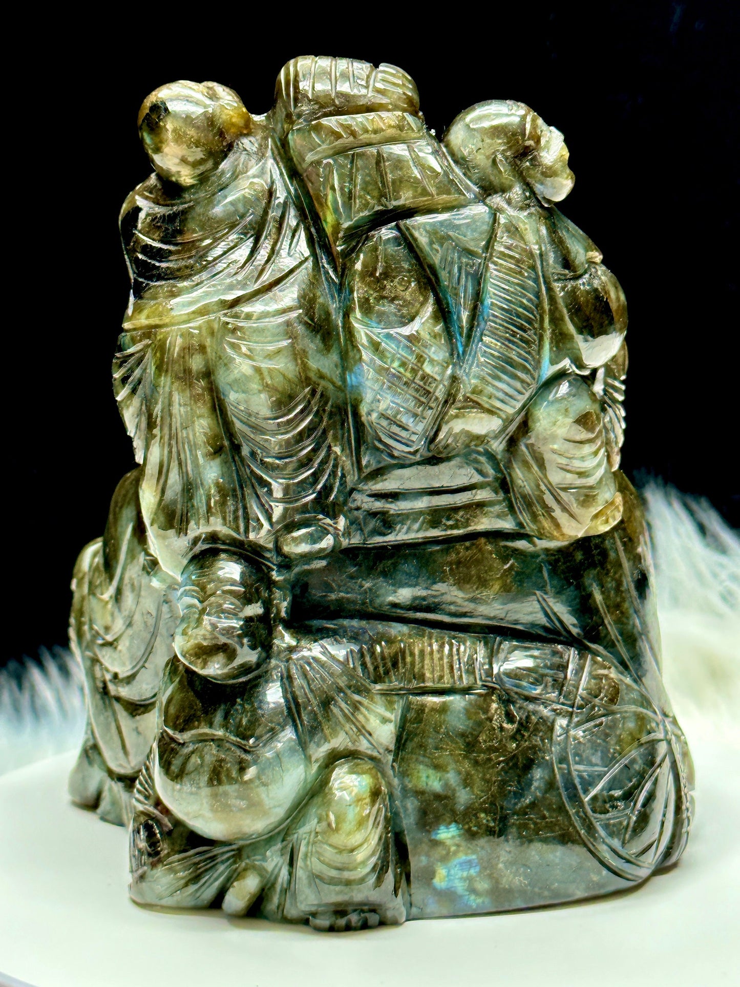 Labradorite Laughing Buddha - handmade carving of serene and smiling Buddha or Hotei - crystal/reiki/healing - 12 inch & 3 kg (6 lb)