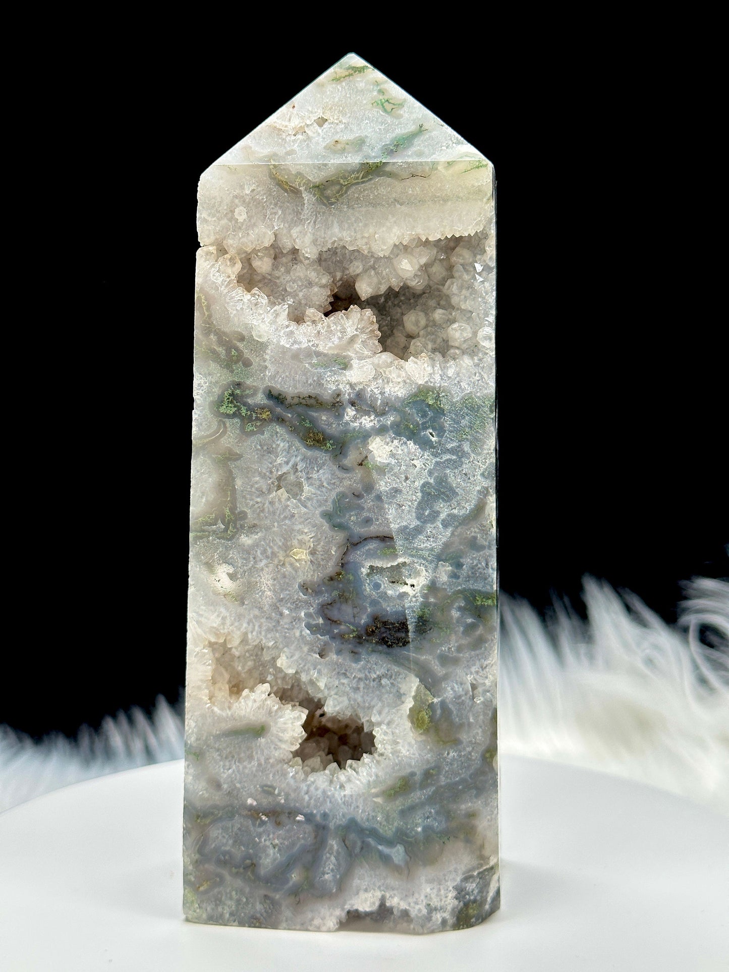 Forgiveness & Happiness Moss Agate Tower, Druzy Moss Agate Tower, Moss Agate Point, 1kg and 15 inches tall