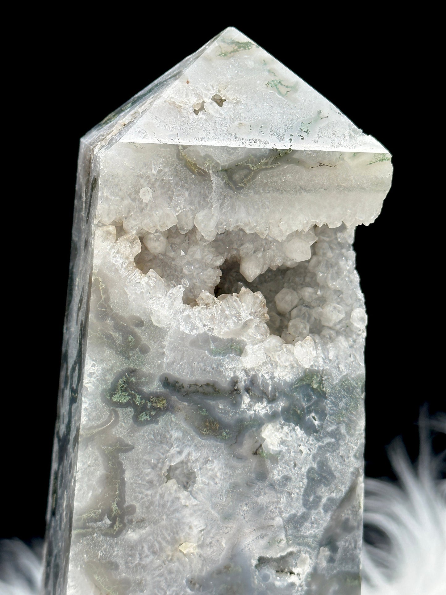 Forgiveness & Happiness Moss Agate Tower, Druzy Moss Agate Tower, Moss Agate Point, 1kg and 15 inches tall