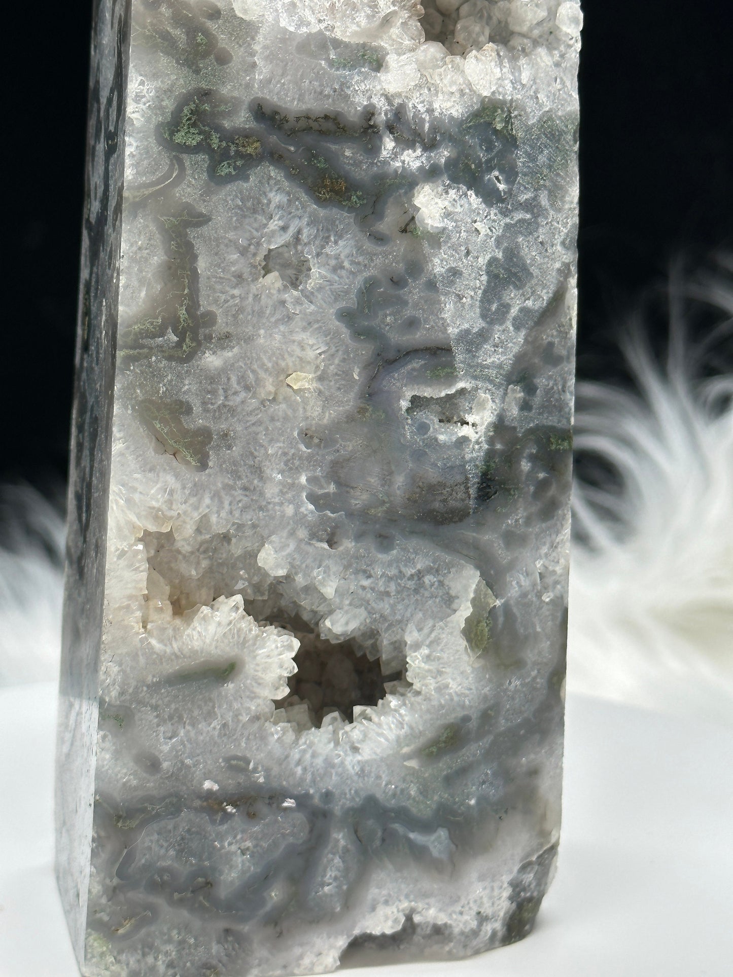 Forgiveness & Happiness Moss Agate Tower, Druzy Moss Agate Tower, Moss Agate Point, 1kg and 15 inches tall