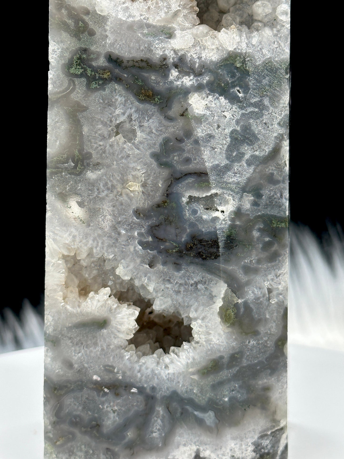 Forgiveness & Happiness Moss Agate Tower, Druzy Moss Agate Tower, Moss Agate Point, 1kg and 15 inches tall