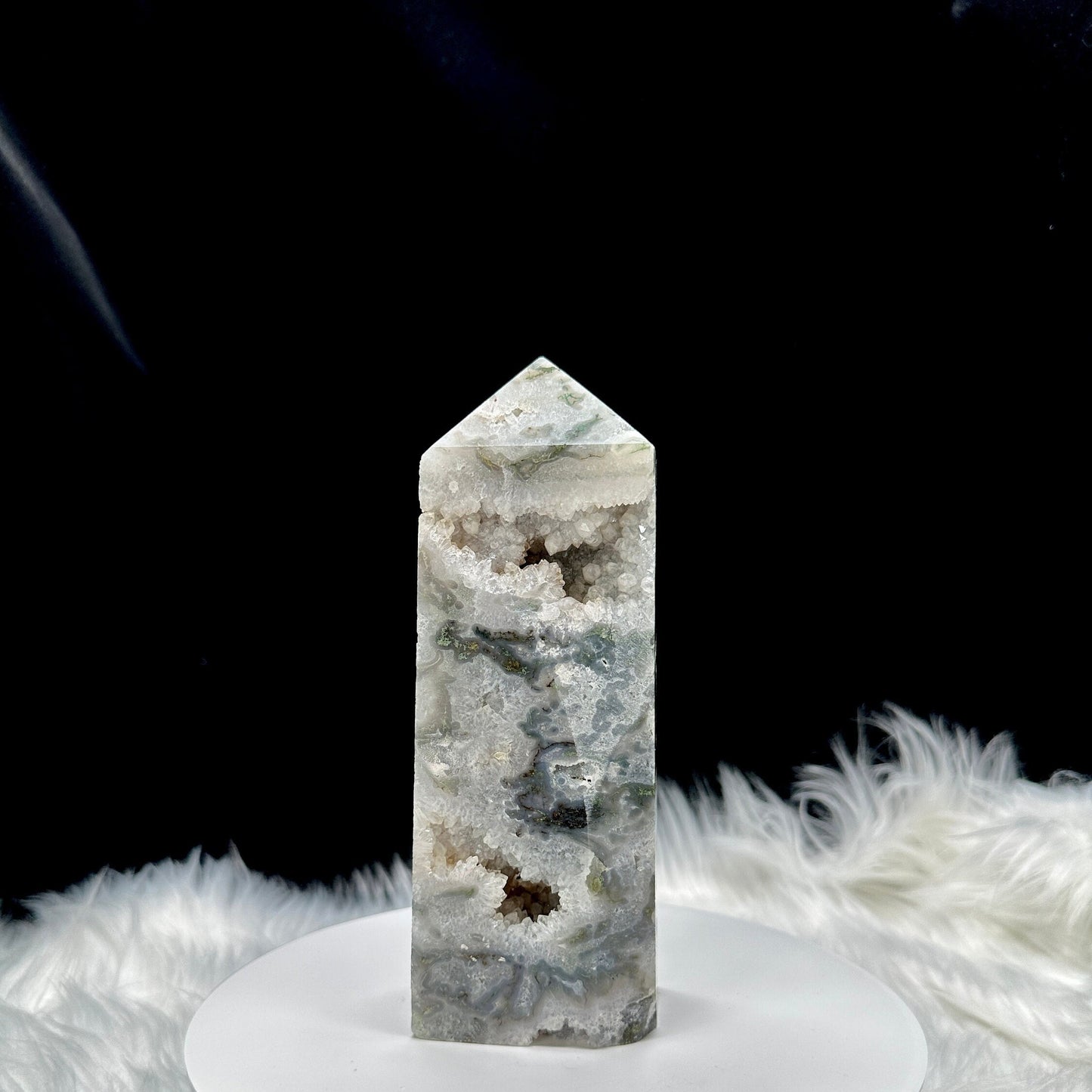 Forgiveness & Happiness Moss Agate Tower, Druzy Moss Agate Tower, Moss Agate Point, 1kg and 15 inches tall
