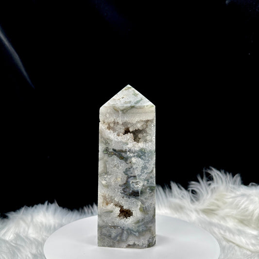 Forgiveness & Happiness Moss Agate Tower, Druzy Moss Agate Tower, Moss Agate Point, 1kg and 15 inches tall