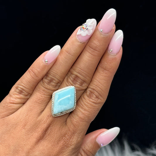 Top Grade Larimar Ring in Sterling Silver, hand made jewelry, Larimar Crystal Jewelry, Diamond shaped Larimar Ring