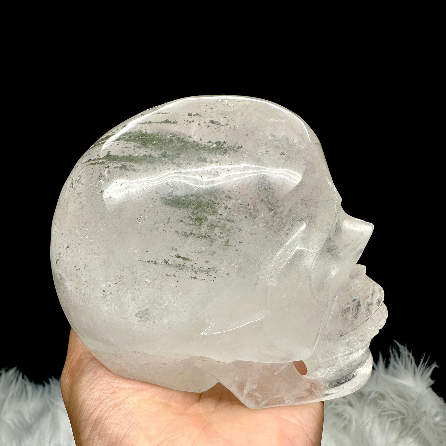 Rare Tibetan Himalayan Green Phantom Skull, Himalayan crystal skull with green phantom