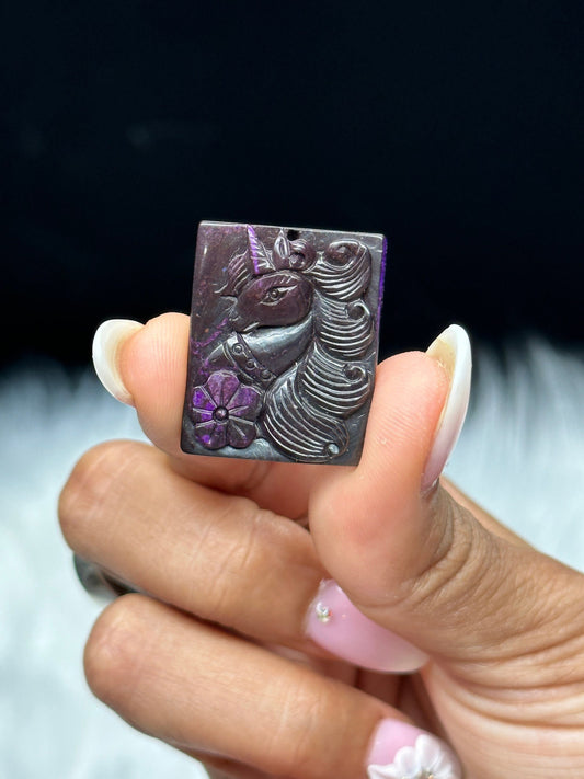 Natural AAA Sugilite Pendant - Carved Gemstone Pendant | Vintage Pendant | Designer's Gemstone | Sugilite Unicorn &Flower Pendant