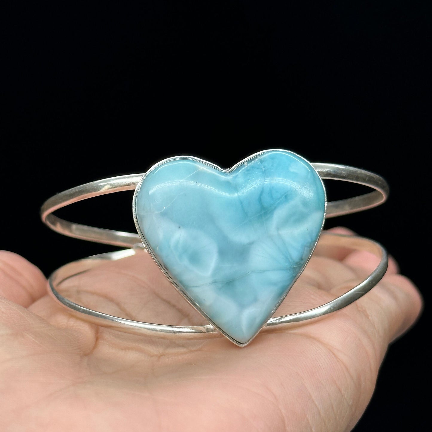 Heart Shaped Larimar Bracelet In 925 Sterling Silver, High Grade Larimar Crystal Bracelet , Adjustable size