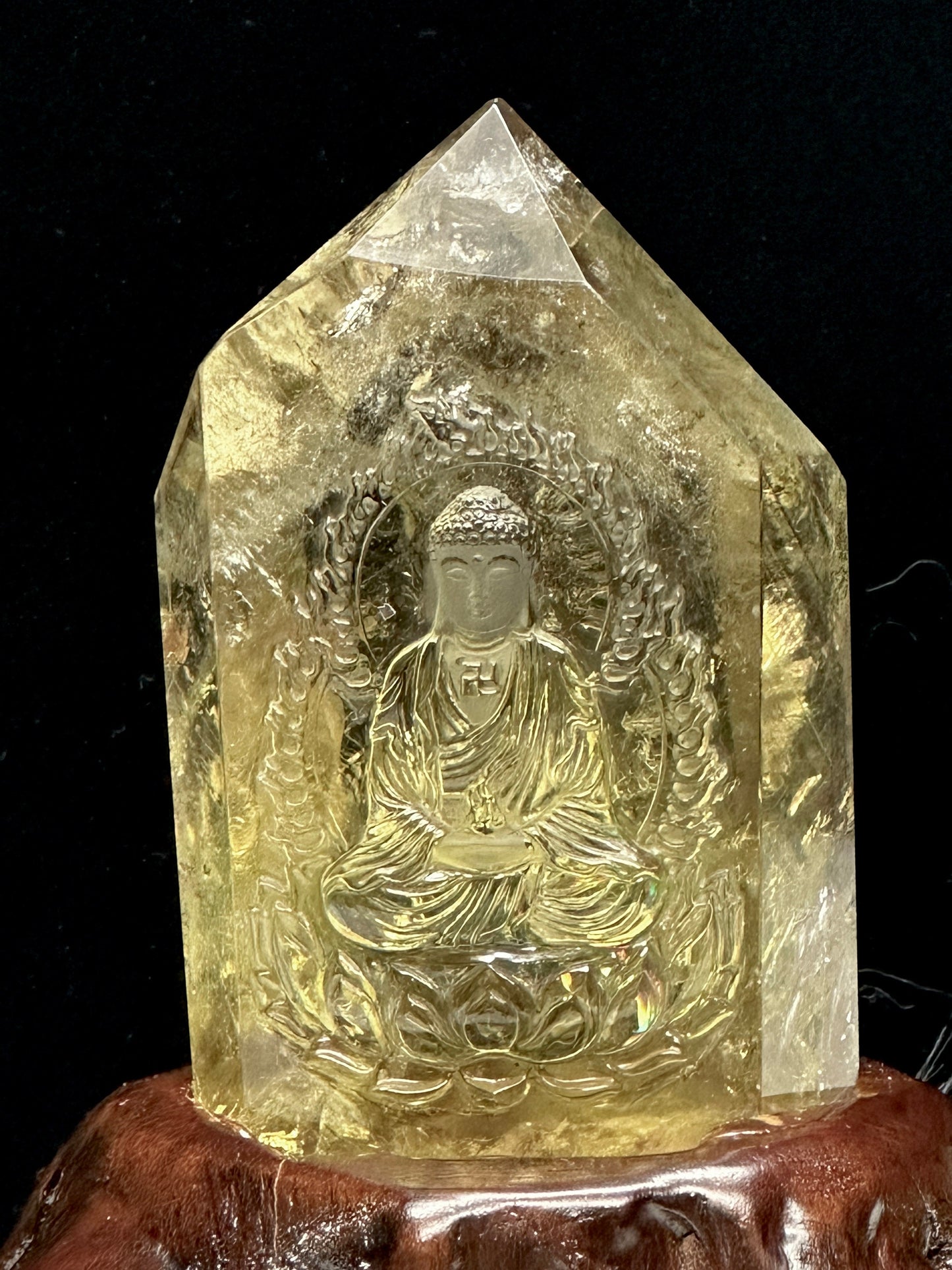 Natural Citrine Buddha Carving on a wooden stand, Good Luck and Prosperity Citrine Buddha, Carved Buddha- Buddha Gifts, home decor