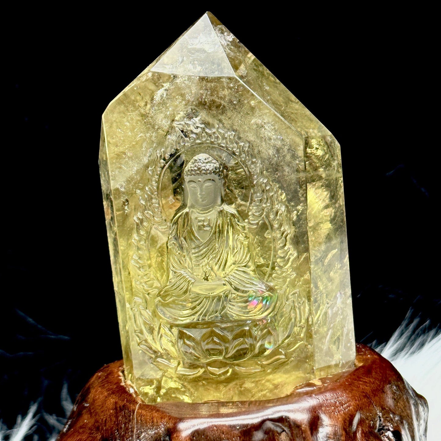 Natural Citrine Buddha Carving on a wooden stand, Good Luck and Prosperity Citrine Buddha, Carved Buddha- Buddha Gifts, home decor