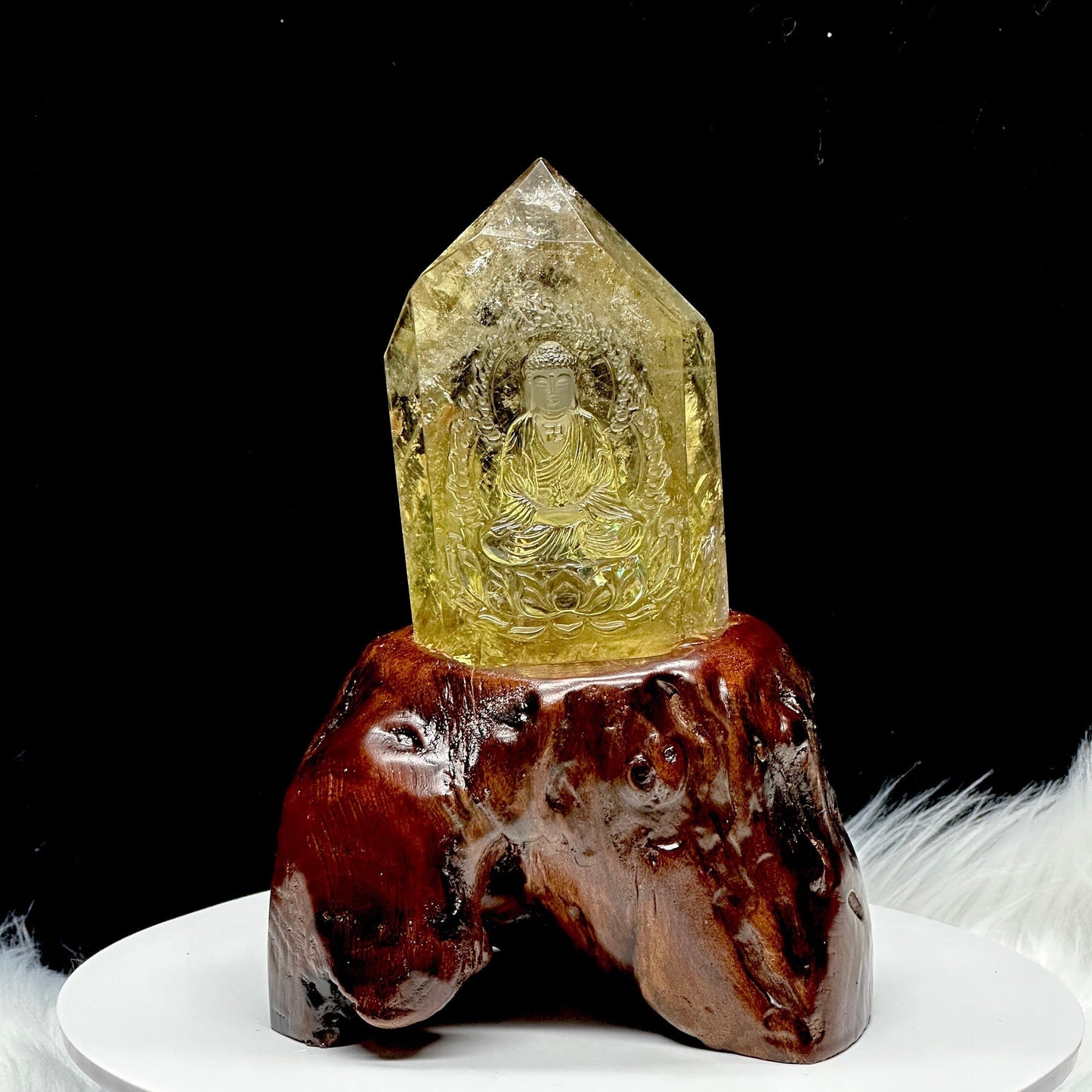 Natural Citrine Buddha Carving on a wooden stand, Good Luck and Prosperity Citrine Buddha, Carved Buddha- Buddha Gifts, home decor