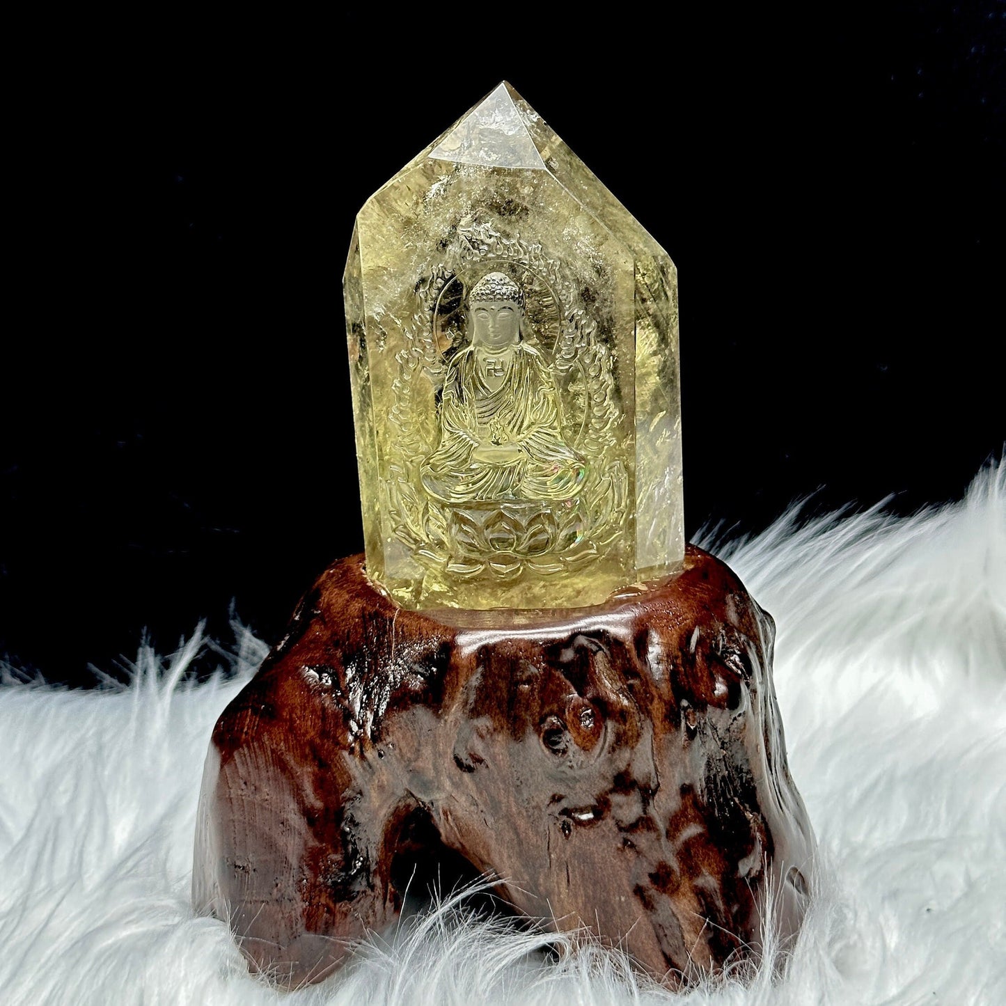 Natural Citrine Buddha Carving on a wooden stand, Good Luck and Prosperity Citrine Buddha, Carved Buddha- Buddha Gifts, home decor