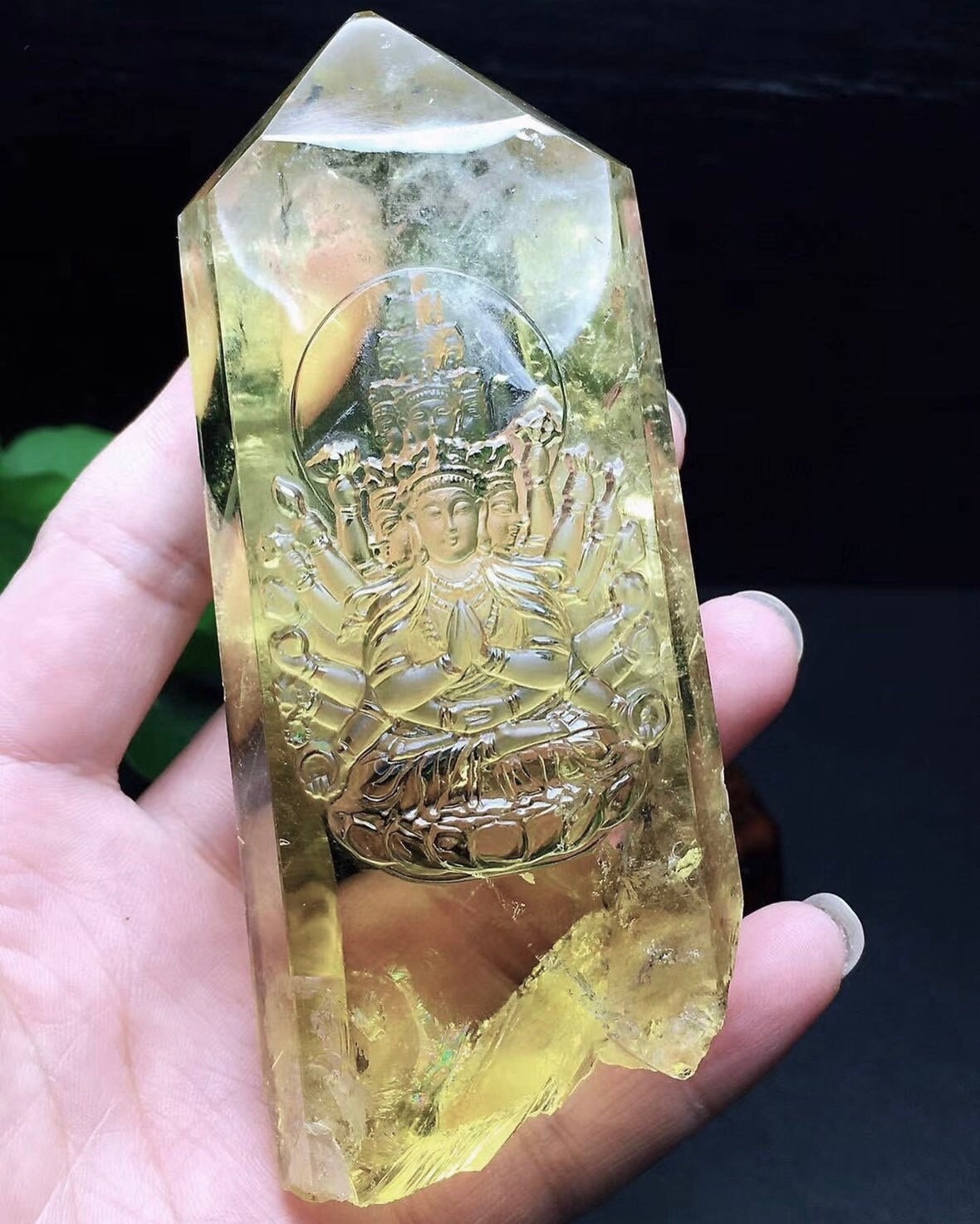 Hand-carved natural Citrine crystal The Thousand Hands Bodhisattva Carving, Guan yin Carving, Buddha Statue