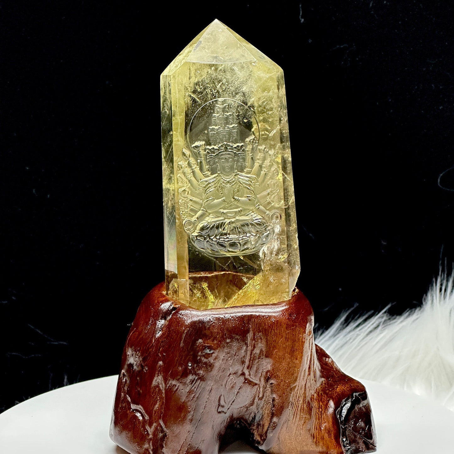 Hand-carved natural Citrine crystal The Thousand Hands Bodhisattva Carving, Guan yin Carving, Buddha Statue